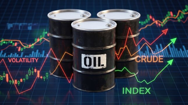 Oil barrels on display with stock market charts showing volatility and crude oil index trends indicating market fluctuations and growth in the energy sector economy.