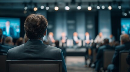 Fototapeta premium Business event takes place in conference hall with speakers discussing topics in front of an audience