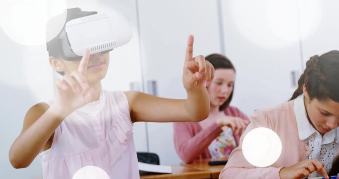Female students teenage and child using white VR headset, assembling kits at classroom desks bokeh