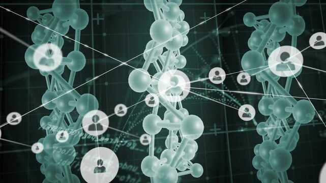 Pulsing node initiating network of white icons and lines across three cyan helices, forming network