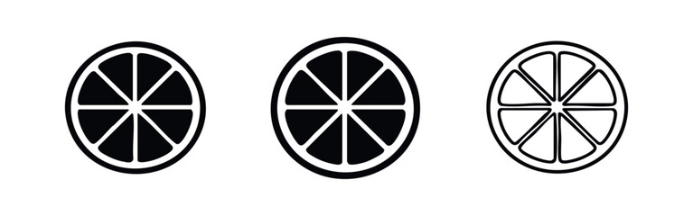 Obraz premium Citrus fruit slice icons set. Lemon or lime cross-section symbol. Fresh ingredient vector illustration in solid, outline, and thin line style.