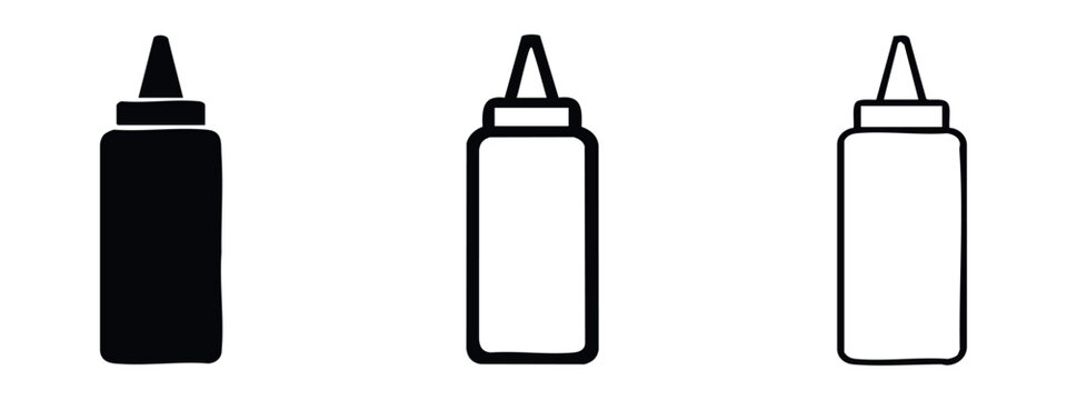 Condiment squeeze bottle icon set. Fast food sauce dispenser symbols for mustard, ketchup, or other dressings.