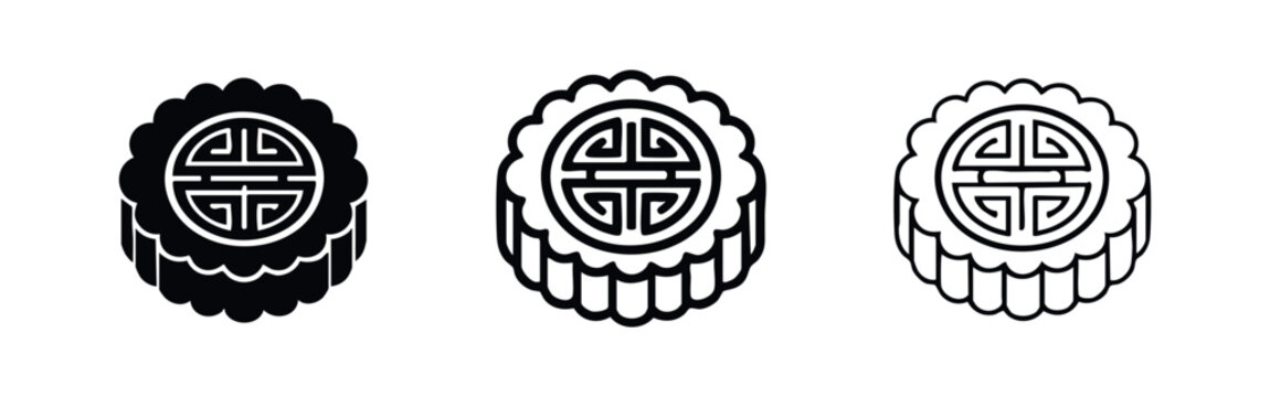 Chinese Mooncake icon set. Traditional Mid-Autumn Festival dessert symbol with Shou pattern in various styles.