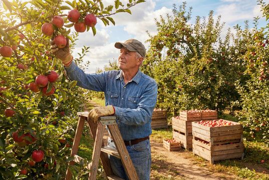 Smiling senior farmer picking fresh red apples from a tree using a wooden ladder in a sunny orchard. Wooden crates are full of ripe fruit.