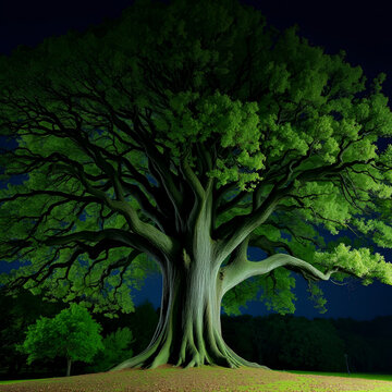 majestic oak stands sentinel amidst tangle leaves gnarled branches stretching towards dramatic inky night