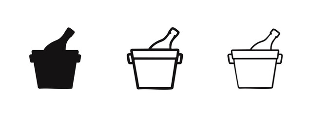 Wine bottle in ice bucket icon set. Chilled beverage container symbol in flat, outline, and line style. Party drink cooler. © liubomir118809
