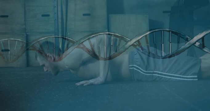 Male trainee lowering then kicking back, doing burpee for fitness with DNA helix overlay on torso