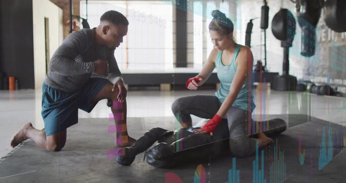 After coach pointing, trainee practicing strikes on boxing bag refining form with animated lines