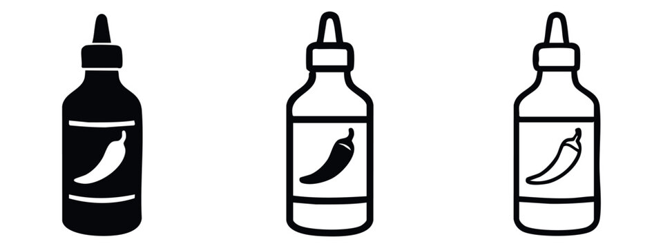 Hot sauce bottle with chili pepper label icon set. Spicy condiment symbol in flat, outline, and line style. Flavor enhancer.