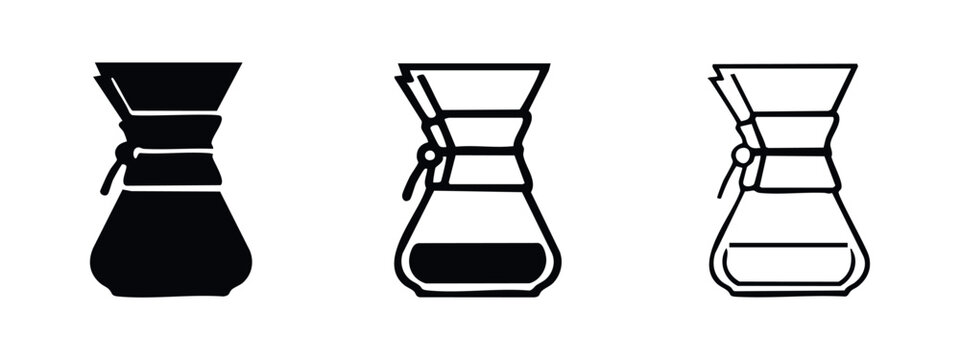 Pour-over coffee maker icon set. Chemex style brewing equipment symbols