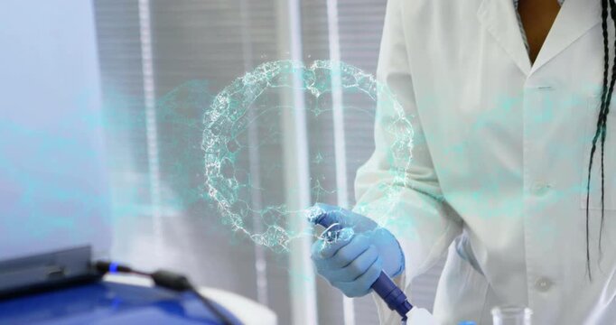 Lab woman adjusting micropipette while holo circle appearing and guiding liquid transfer on bench