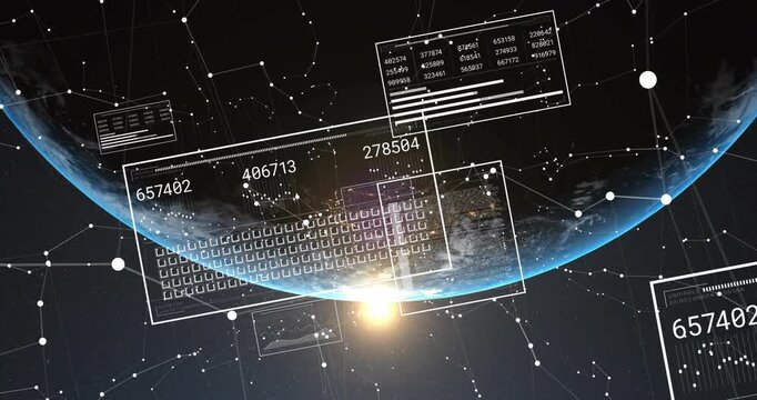 Space tech HUD receiving telemetry, sliding translucent panels and numeric grid over Earth limb