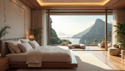 Fototapeta premium Bedroom with large bed and balcony view. Nature mountains lake landscape outside. Modern room interior design. Comfortable luxury hotel suite.