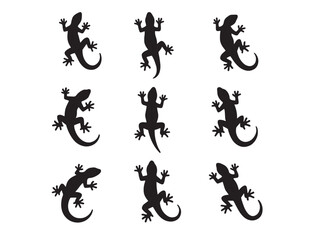 Naklejka premium Black gecko silhouette vector set, nine distinct lizard reptile icons, minimalist animal graphic elements for branding and design projects