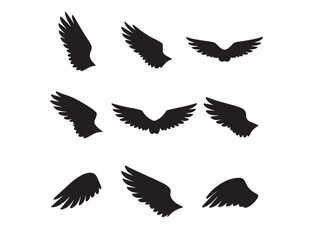 Obraz premium Dynamic black wing silhouettes, a versatile vector collection of nine different bird and angel wing designs, perfect for graphic design, logos, and symbolic imagery