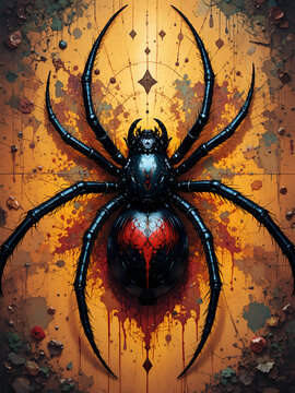 Striking black widow spider illustration with detailed textures and vibrant colors
