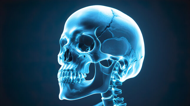 X-ray image of a human skull showing detailed bone structure and features, highlighting the cranial cavity and jawline in a dark background for medical analysis and educational purposes