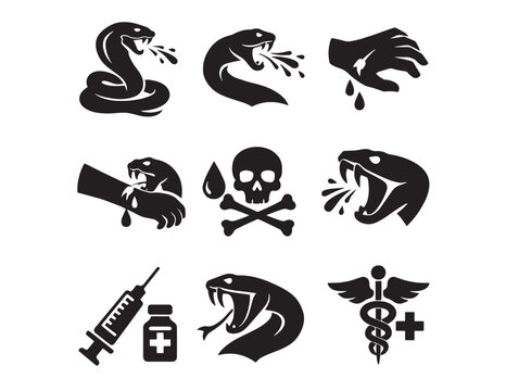 Venomous snake bite vector icon set, dangerous serpent attack and medical treatment symbols, skull and crossbones poison warning, emergency health care graphics for safety and awareness campaigns