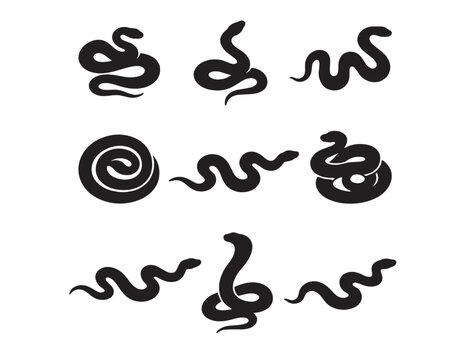 Black snake silhouettes, a collection of nine coiled and slithering serpent vector illustrations. Stylized reptile designs for branding, wildlife themes, or danger concepts.