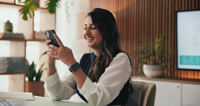 Woman, phone and smile in office with typing, email response and problem solving for business. Creative, project management and idea in event agency with decision, brainstorming solution and feedback