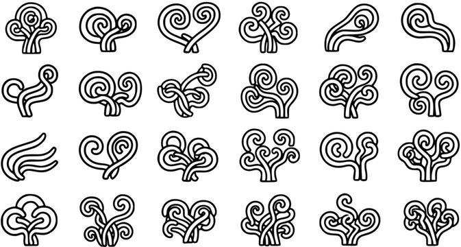 Black and white line art icons of swirling organic shapes, abstract elements, and stylized trees for decorative design