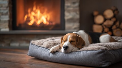 Naklejka premium Dog sleeps quietly. Peaceful canine naps near glowing embers. Serene dog lies undisturbed beside flickering fireplace. Tranquil dog peacefully enjoys restful nap beside warm glowing hearth
