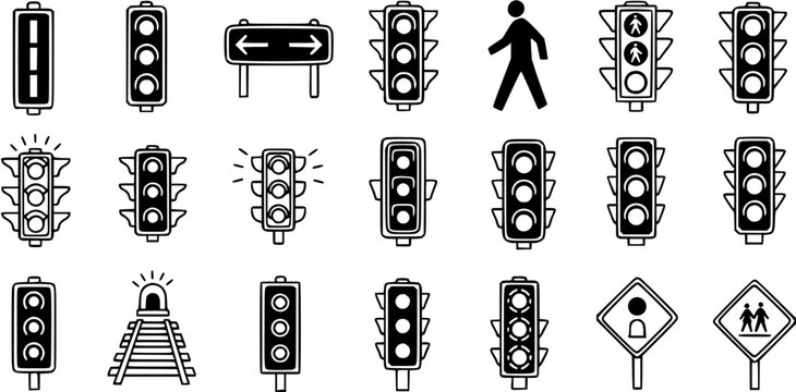 Black and White Line Art Transportation and Road Safety Glyph Icons Set: Traffic Lights, Pedestrian Signals, and Road Signs