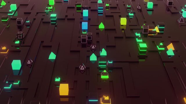 Endless loop representing systematic logic and algorithmic data flow for corporate webinars, VJ sets, high-tech club visuals,  electronic music festivals, stage screens and for LED video walls