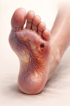 Diabetic foot complication concept showing poor circulation and tissue damage risk in a clean medical educational illustration
