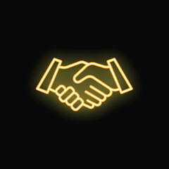 Obraz premium Yellow neon icon of a handshake on a black background