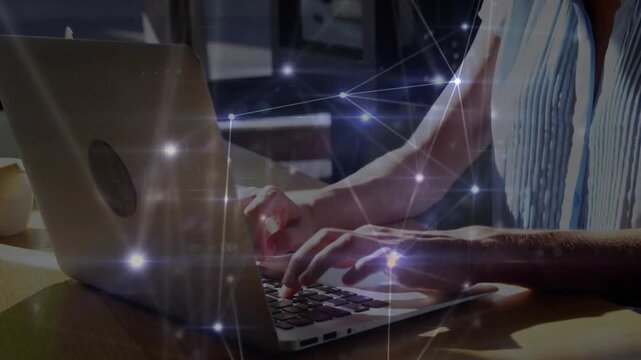 Woman developer typing on laptop in cafe, developing tech product and activating network nodes