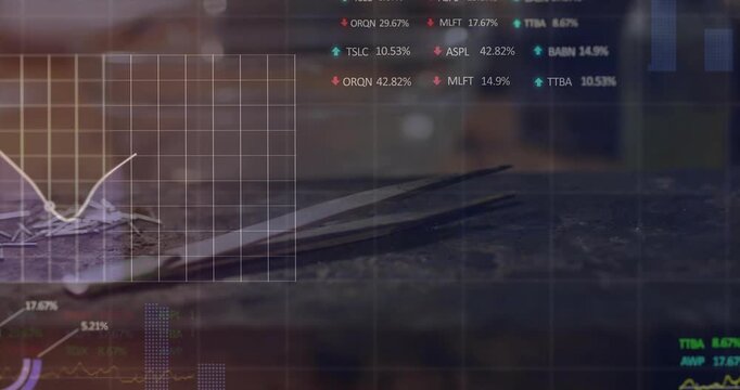 Data appearing, shavings pile shifting center while HUD charts animating and monitoring material