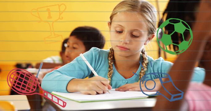 Vertical video: Girl writing in education, pencil sparking animated sports doodles inspiring smile