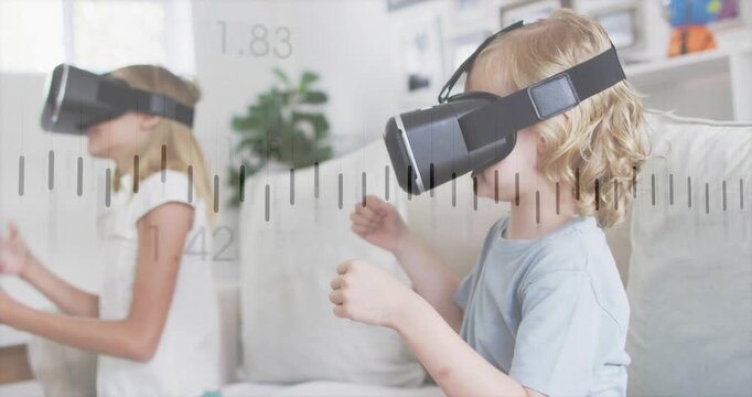 Vertical video: Right child reaching left tapping headset, starting VR session with ruler overlay