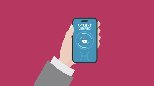 Mobile payment verified . Secure digital transaction and biometric authentication on smartphone