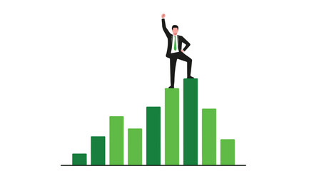 A triumphant businessman stands atop the highest bar of a green bar chart, symbolizing success, achievement, and business growth. © Ubay