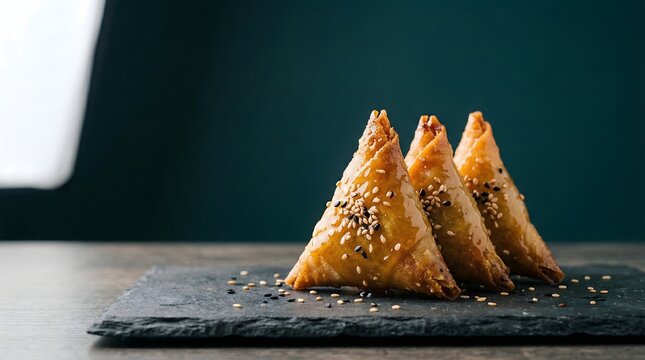Artistic Almond Briouates with Glossy Honey and Sesame on Slate Plate