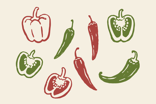 Pepper elements set outline sketch vector illustration