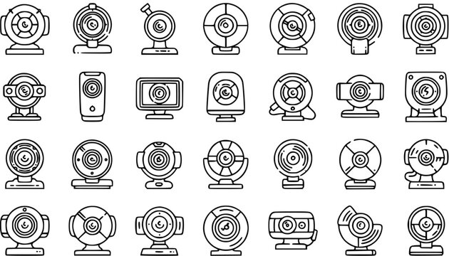 Diverse Webcam Icons Set: Black and White Line Art Technology Collection
