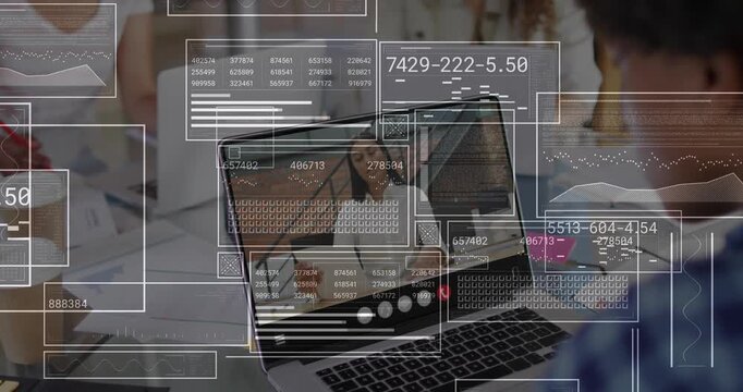 Call starting, host speaking on laptop in business meeting, HUD numbers growing, framing host