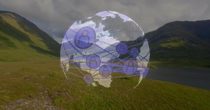 Appearing clear globe overlay rotating and pulsing user nodes over grassy valley, showing network