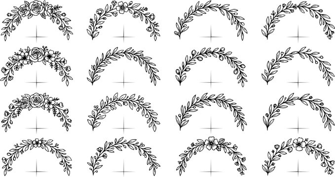Set of black minimal hand-drawn decorative floral frames featuring blooming flowers, simple sketch style. Elegant forms vintage designs, including circular semi circular isolated vector illustarion 