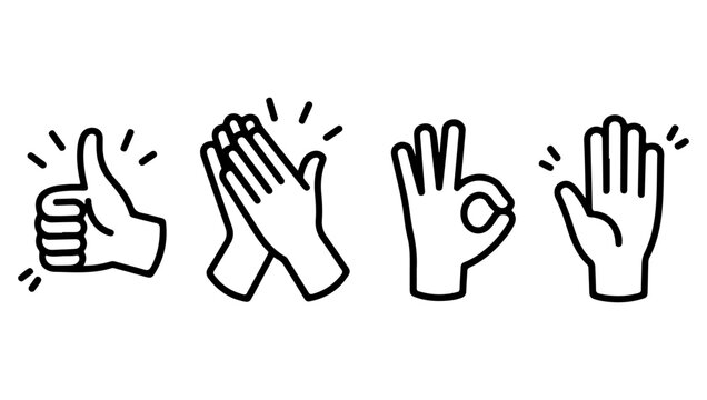 A collection of hand gestures clapping thumbs up and open palm symbols