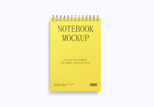 Minimalist Yellow Notebook Mockup with Spiral Binding on White Background