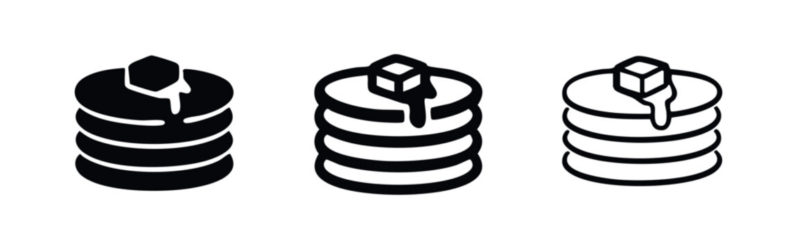 Pancakes with melting butter and syrup icon set, vector symbols for sweet breakfast or brunch on white background