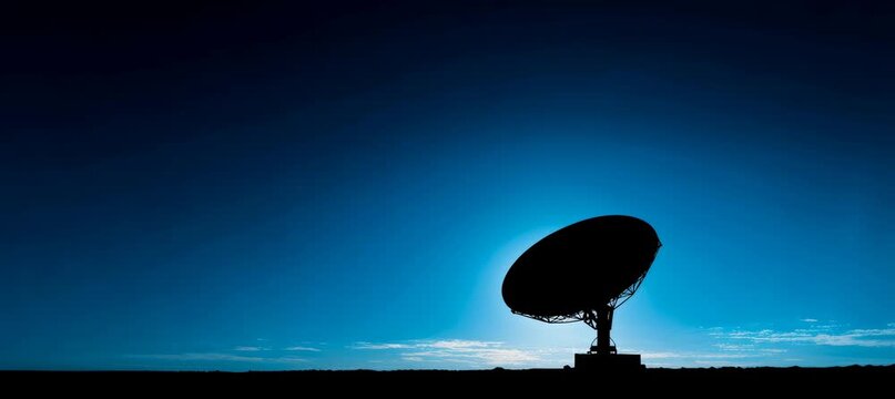 Parabolic satellite antenna dish searching for signal. Space and earth communication system. Generative video AI technology.	

