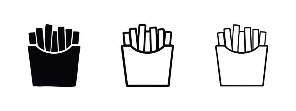 French fries fast food icon set. Classic potato snack outline and silhouette vector illustration on white background.