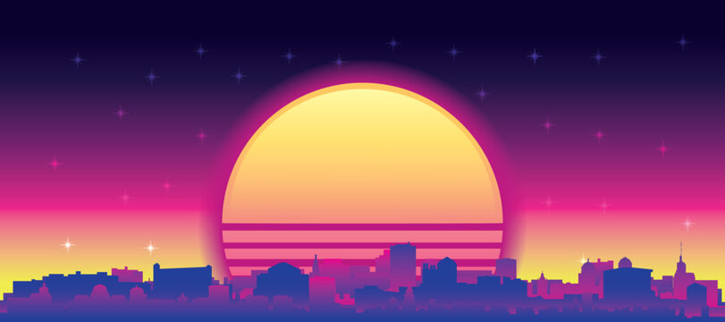 Purple generic retro futuristic synthwave panoramic poster of the city skyline with misty background sunset buildings of PITTSBURGH, UNITED STATES