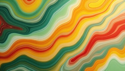Obraz premium Abstract fluid art texture with swirling green, red, yellow and orange bands. Waves of vibrant liquid paint blend smoothly creating a dynamic, flowing pattern suitable for graphic design backgrounds.