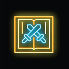 Fototapeta premium Glowing neon icon of crossed swords over book representing history of wars, military battles and ancient weaponry